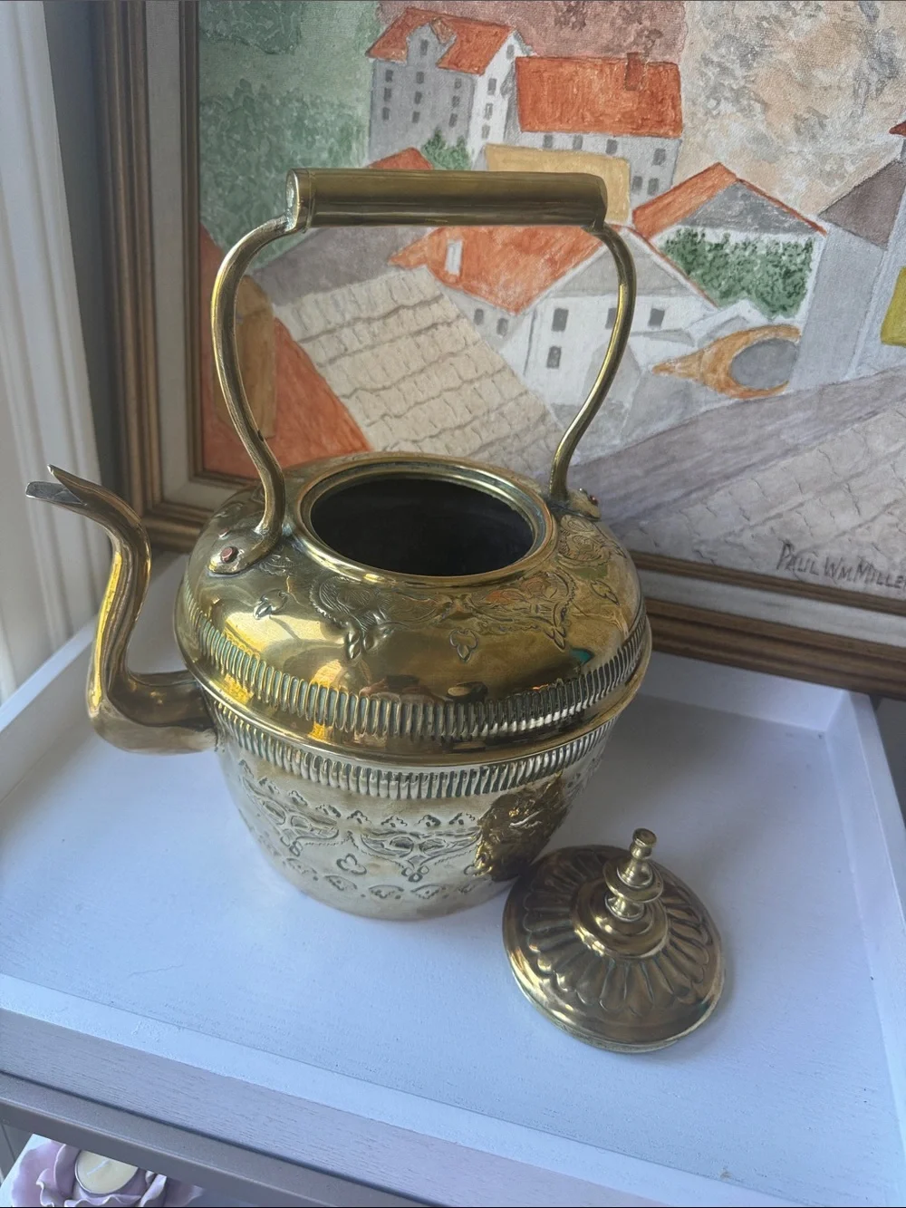 Decorative Gold Brass Kettle with Embossed Detail